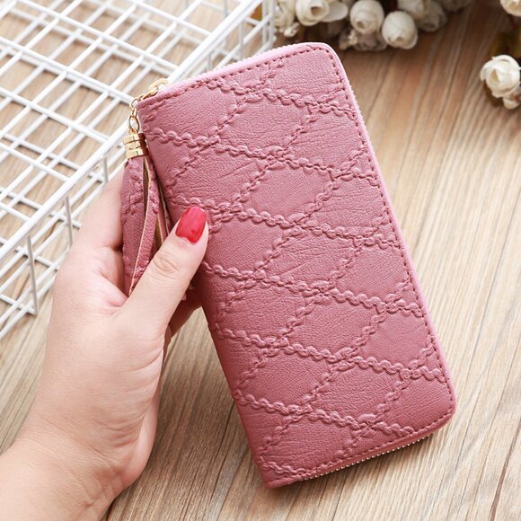 2/$30 Pink Embossed Long Leather Wallet Tassel Compartments Slot Cards Women - Picture 1 of 9